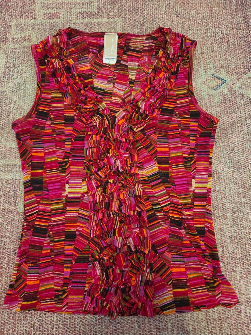 Scott multi colored abstract soft nylon mesh ruffled tank blouse size small